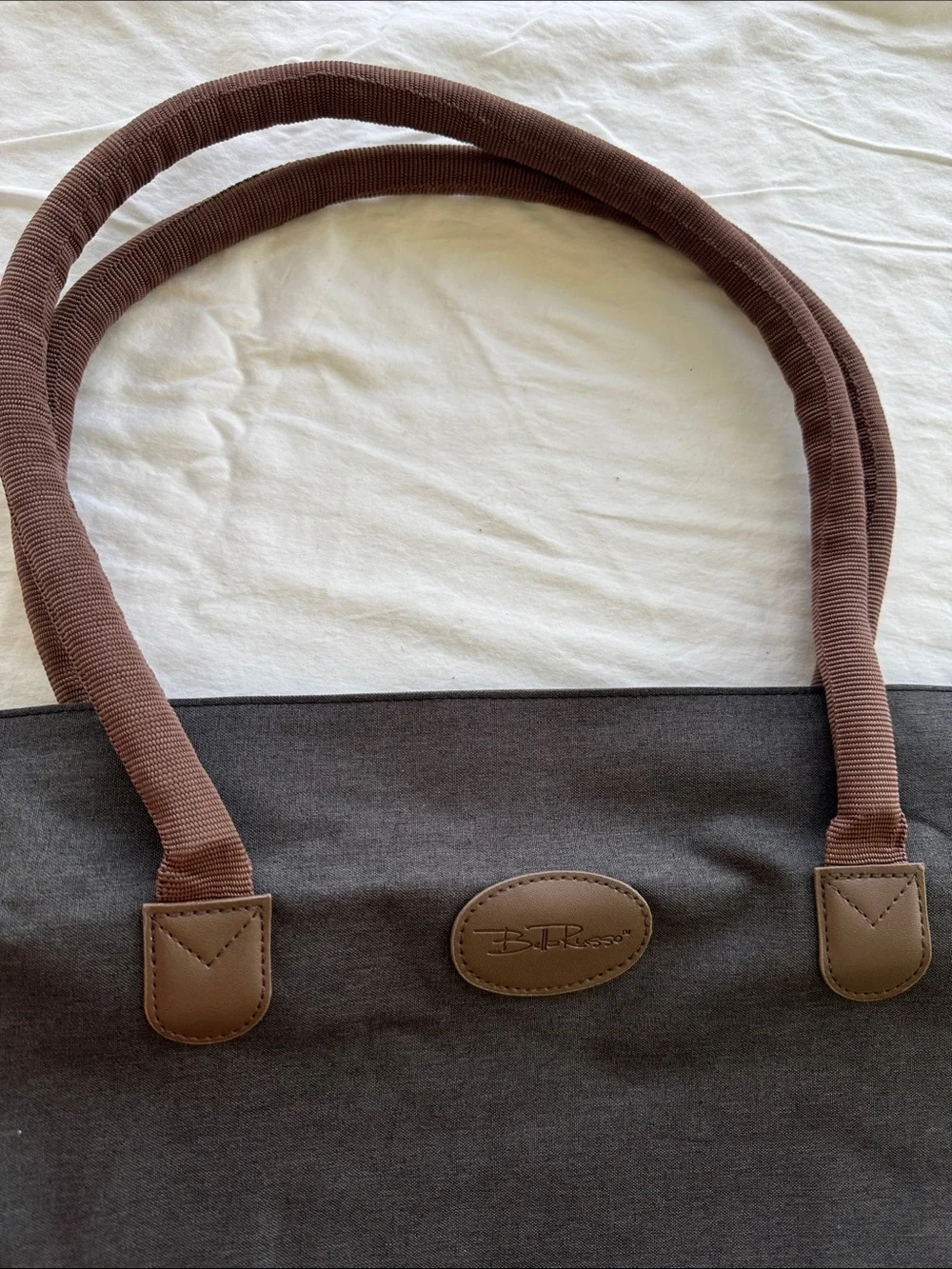 Bella Russo Black Canvas Tote with Brown Handles 15”x13”x5.5”. Handle drop 9”